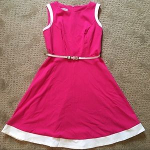 Pink and White Belted Fit & Flare Dress